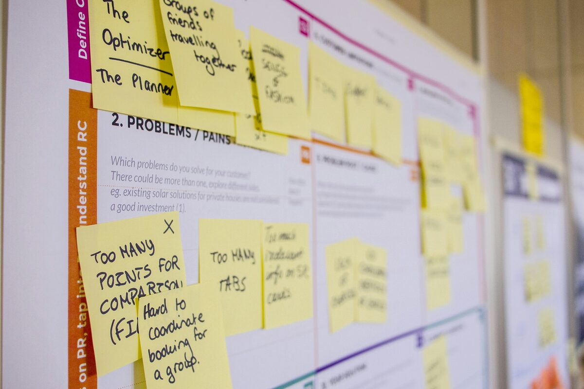 A wall of printed planning canvases covered in handwritten yellow sticky notes, seen at an angle with the far end out of focus.
